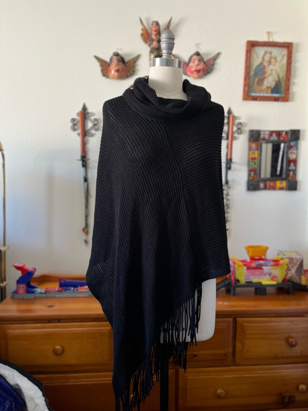 Denim & co. Black ribbed knit poncho with fringe